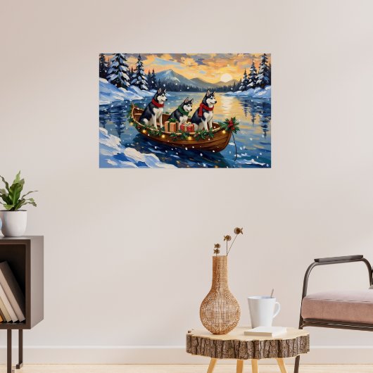 Siberian Husky Kerstboot Vakantie Poster (Woonkamer 3)