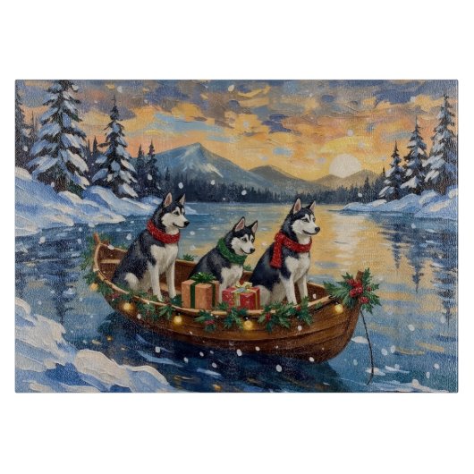 Siberian Husky Kerstboot Vakantie Snijplank (Voorkant)