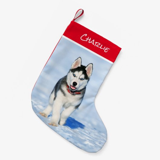 Siberian Husky Kerstmis stoppen Kleine Kerstsok (Voorkant (Hangend))