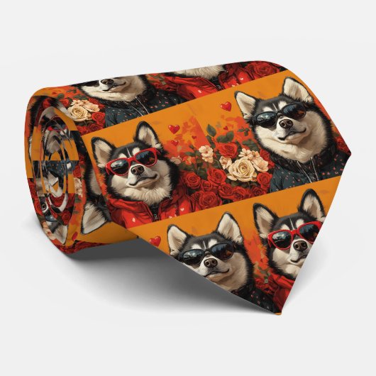 Siberian Husky met Hartrozen Valentijnsdag Stropdas (Opgerold)