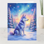 Siberian Husky Noorderlicht Kerstmis Winter Kaart (Voorkant)