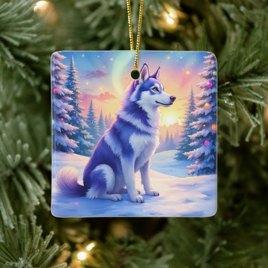 Siberian Husky Noorderlicht Kerstmis Winter Keramisch Ornament (Boom)