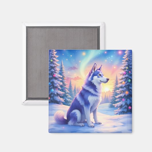 Siberian Husky Noorderlicht Kerstmis Winter Magneet (Voorkant / Achterkant)