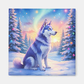 Siberian Husky Noorderlicht Kerstmis Winter Magneet (Voorkant)