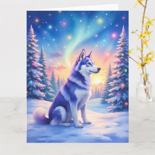 Siberian Husky Northern Lights Christmas Winter Kaart (Gele Bloem)
