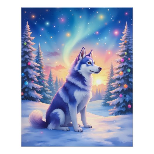 Siberian Husky Northern Lights Christmas Winter Perfect Poster (Voorkant)