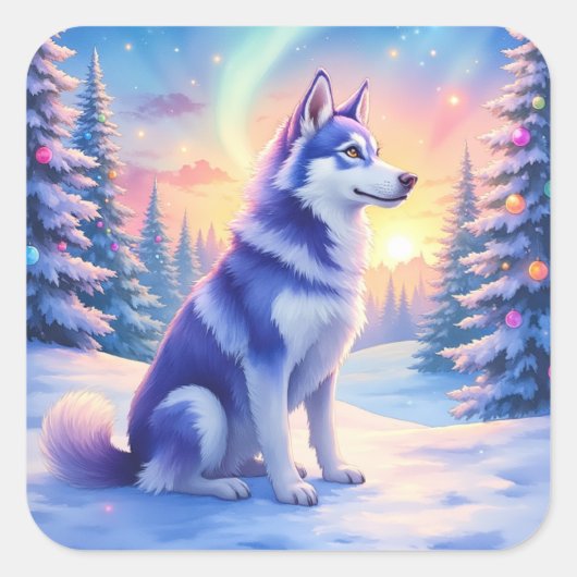 Siberian Husky Northern Lights Christmas Winter Vierkante Sticker (Voorkant)