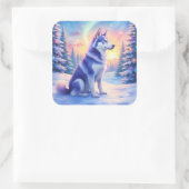 Siberian Husky Northern Lights Christmas Winter Vierkante Sticker (Tas)