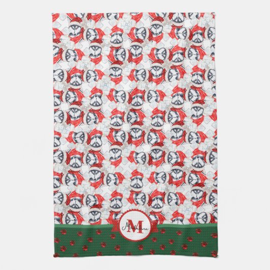 Siberian Husky Pattern Monogram Kerstmis Dog Theedoek (Verticaal)