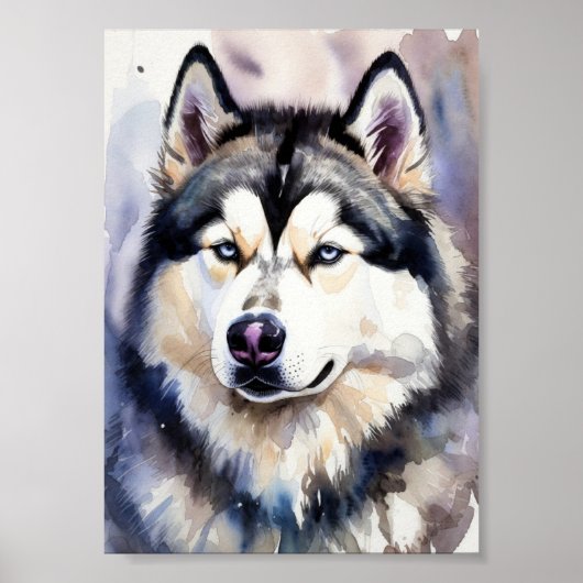 Siberian Husky Portrait Watercolor Fine Art - Blue Poster (Voorkant)