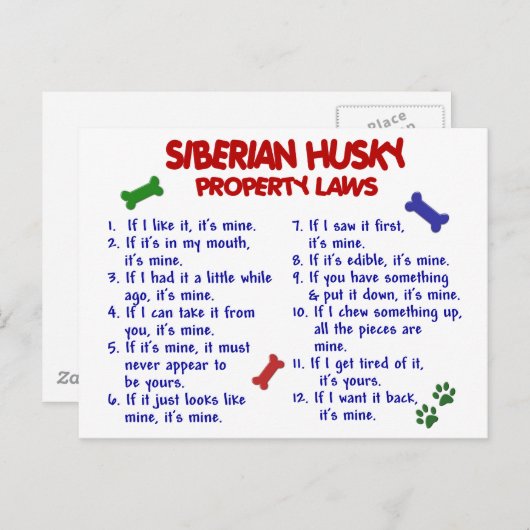 SIBERIAN HUSKY Property Laws 2 Briefkaart (Voorkant / Achterkant)