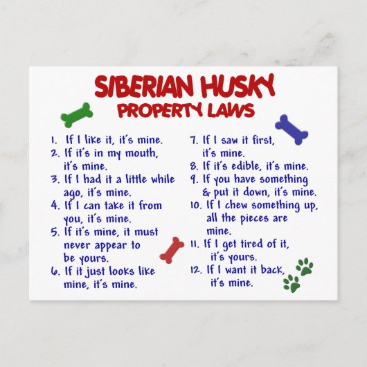 SIBERIAN HUSKY Property Laws 2 Briefkaart (Voorkant)