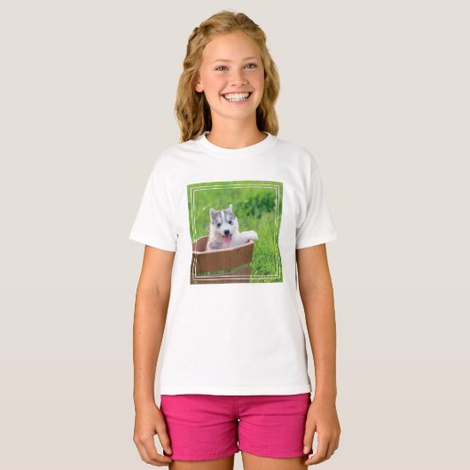 Siberian Husky Puppy in een pot T-shirt (Voorkant volledig)