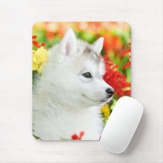 Siberian Husky Puppy in Flowers Mousepad Muismat (Met muis)