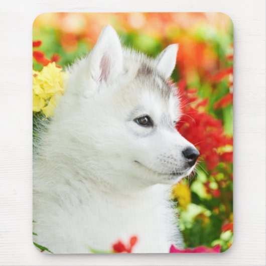 Siberian Husky Puppy in Flowers Mousepad Muismat (Voorkant)
