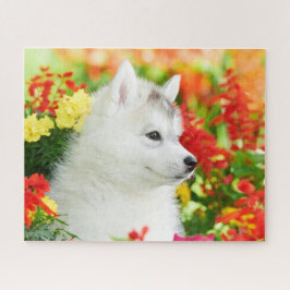 Siberian Husky Puppy in Flowers puzzle Legpuzzel