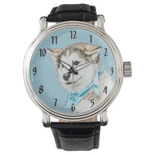 Siberian Husky Puppy Painting - Originele Dog Art Horloge