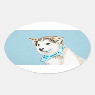 Siberian Husky Puppy Painting - Originele Dog Art Ovale Sticker