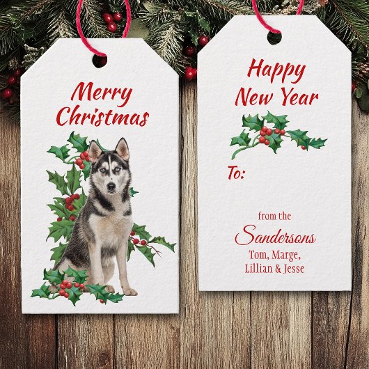 Siberian Husky Red Berry Holly Kerstmis Cadeaulabel