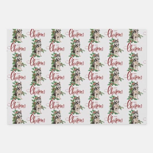 Siberian Husky Red Berry Holly Kerstmis Inpakpapier Vel (Voorkant 2)