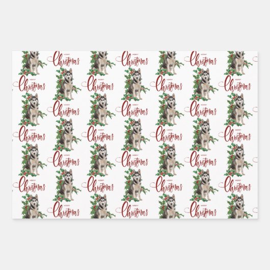 Siberian Husky Red Berry Holly Kerstmis Inpakpapier Vel (Voorkant)
