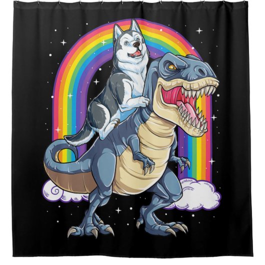 Siberian Husky Riding Dinosaur T Rex Gifts Boys Douchegordijn (Voorkant)