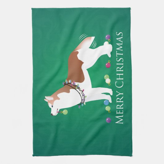 Siberian Husky - Rood - Duurzaam kerstontwerp Theedoek (Verticaal)