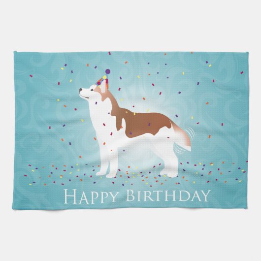 Siberian Husky - Rood - Happy Birthday Design Theedoek (Horizontaal)