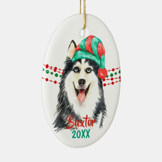 Siberian Husky Santa Hat Holiday String Beads Keramisch Ornament (Rechts)
