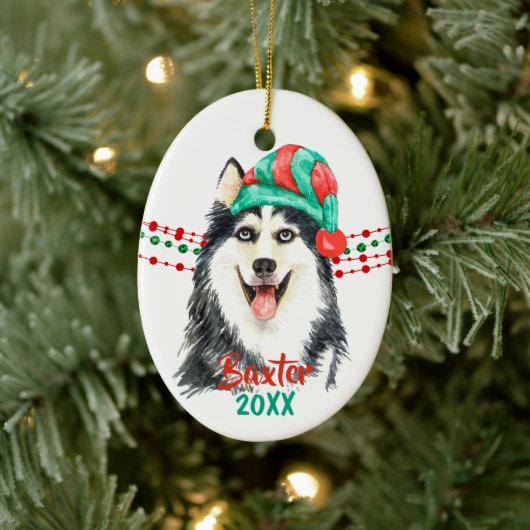 Siberian Husky Santa Hat Holiday String Beads Keramisch Ornament (Boom)