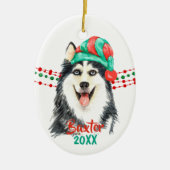 Siberian Husky Santa Hat Holiday String Beads Keramisch Ornament (Voorkant)