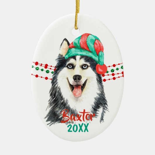Siberian Husky Santa Hat Holiday String Beads Keramisch Ornament (Voorkant)