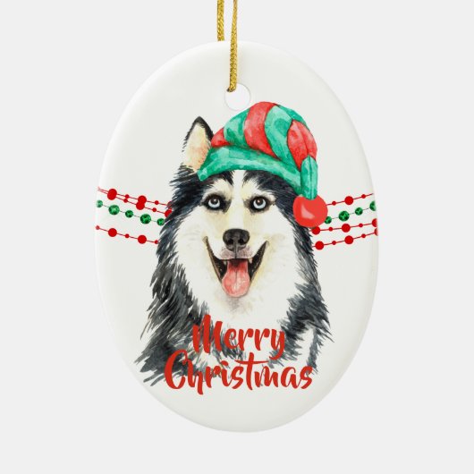 Siberian Husky Santa Hat Holiday String Beads Keramisch Ornament (Achterkant)