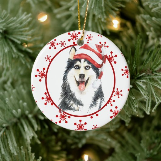 Siberian Husky Santa Hat Red Snowflake Keramisch Ornament (Boom)