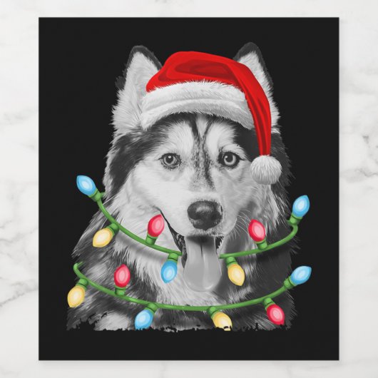 Siberian Husky Santa Kerstbomen Wijn Etiket (Enkel label)
