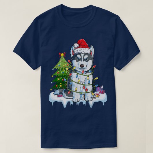 Siberian Husky Santa Kerstboom Licht Xmas Gi T-shirt (Design voorkant)