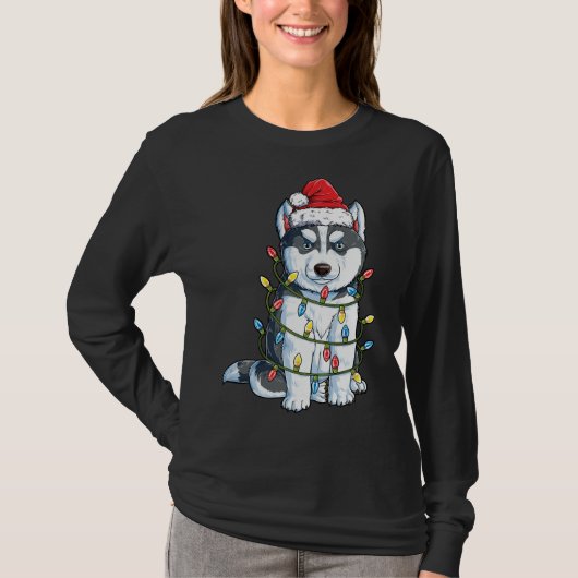 Siberian Husky Santa Kerstboom Lichte Kerstmis doe T-shirt (Voorkant)