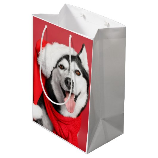 Siberian Husky Santa Medium Gift Bag Medium Cadeauzakje (Achterkant Gekanteld)