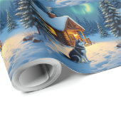 Siberian Husky Snowy Cabin Christmas Painting Cadeaupapier (Rol Hoek)