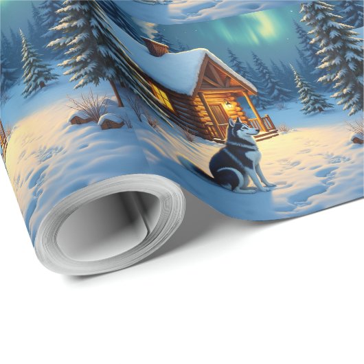 Siberian Husky Snowy Cabin Christmas Painting Cadeaupapier (Rol Hoek)