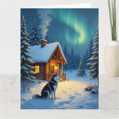 Siberian Husky Snowy Cabin Christmas Painting Kaart (Voorkant)