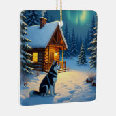 Siberian Husky Snowy Cabin Christmas Painting Keramisch Ornament (Rechts)