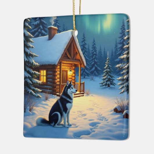Siberian Husky Snowy Cabin Christmas Painting Keramisch Ornament (Links)