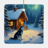 Siberian Husky Snowy Cabin Christmas Painting Keramisch Ornament (Achterkant)