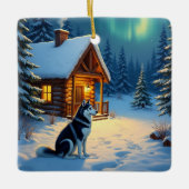 Siberian Husky Snowy Cabin Christmas Painting Keramisch Ornament (Voorkant)