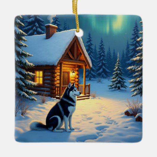 Siberian Husky Snowy Cabin Christmas Painting Keramisch Ornament (Voorkant)