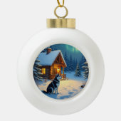 Siberian Husky Snowy Cabin Christmas Painting Keramische Bal Ornament (Voorkant)