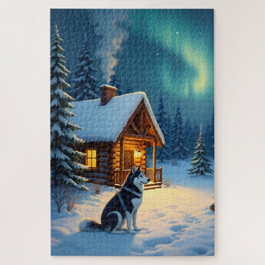 Siberian Husky Snowy Cabin Christmas Painting Legpuzzel (Verticaal)