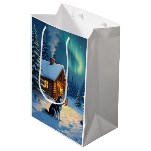 Siberian Husky Snowy Cabin Christmas Painting Medium Cadeauzakje (Voorkant Gekanteld)