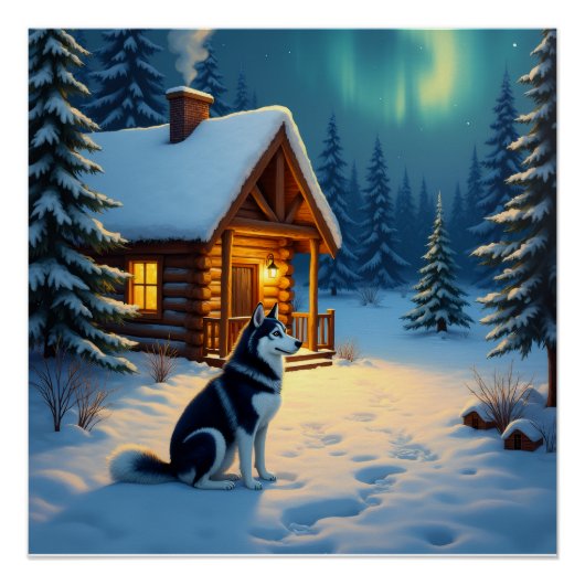 Siberian Husky Snowy Cabin Christmas Painting Perfect Poster (Voorkant)